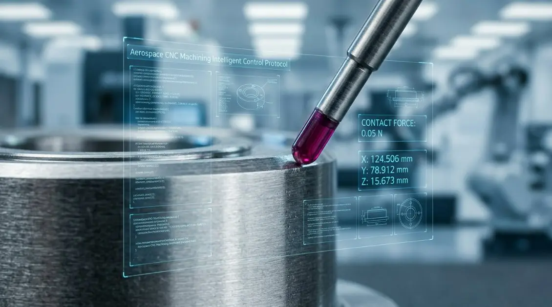 Close-up of a sub-micron precision aerospace part being measured by a CMM probe with a digital overlay showing the Aerospace CNC Machining Intelligent Control Protocol interface.