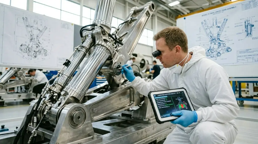 An engineer in a cleanroom inspecting a finished aerospace landing gear component with a digital checklist on a tablet and a technical drawing in the background.