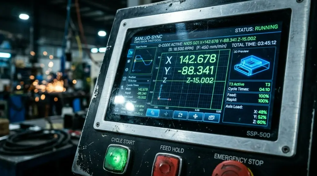 Close up of the Sanluo-Sync Precision Protocol interface showing digital control panels for a CNC machine.