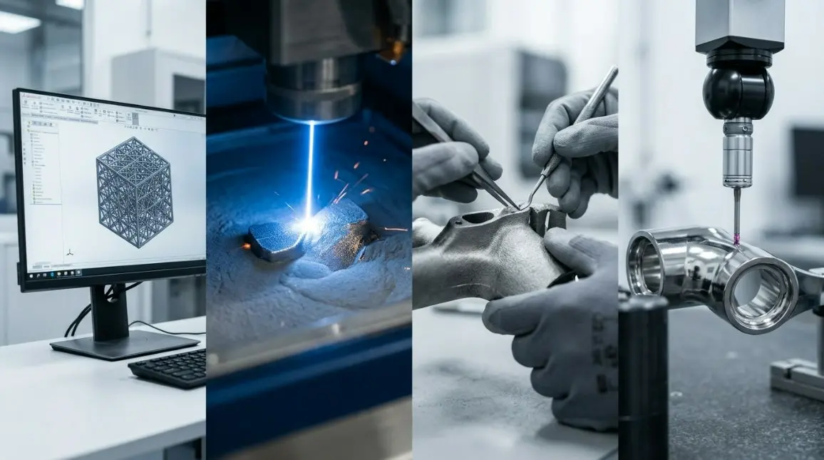 A multi-step infographic showing the process from uploading a 3D CAD design to the final inspected metal part.
